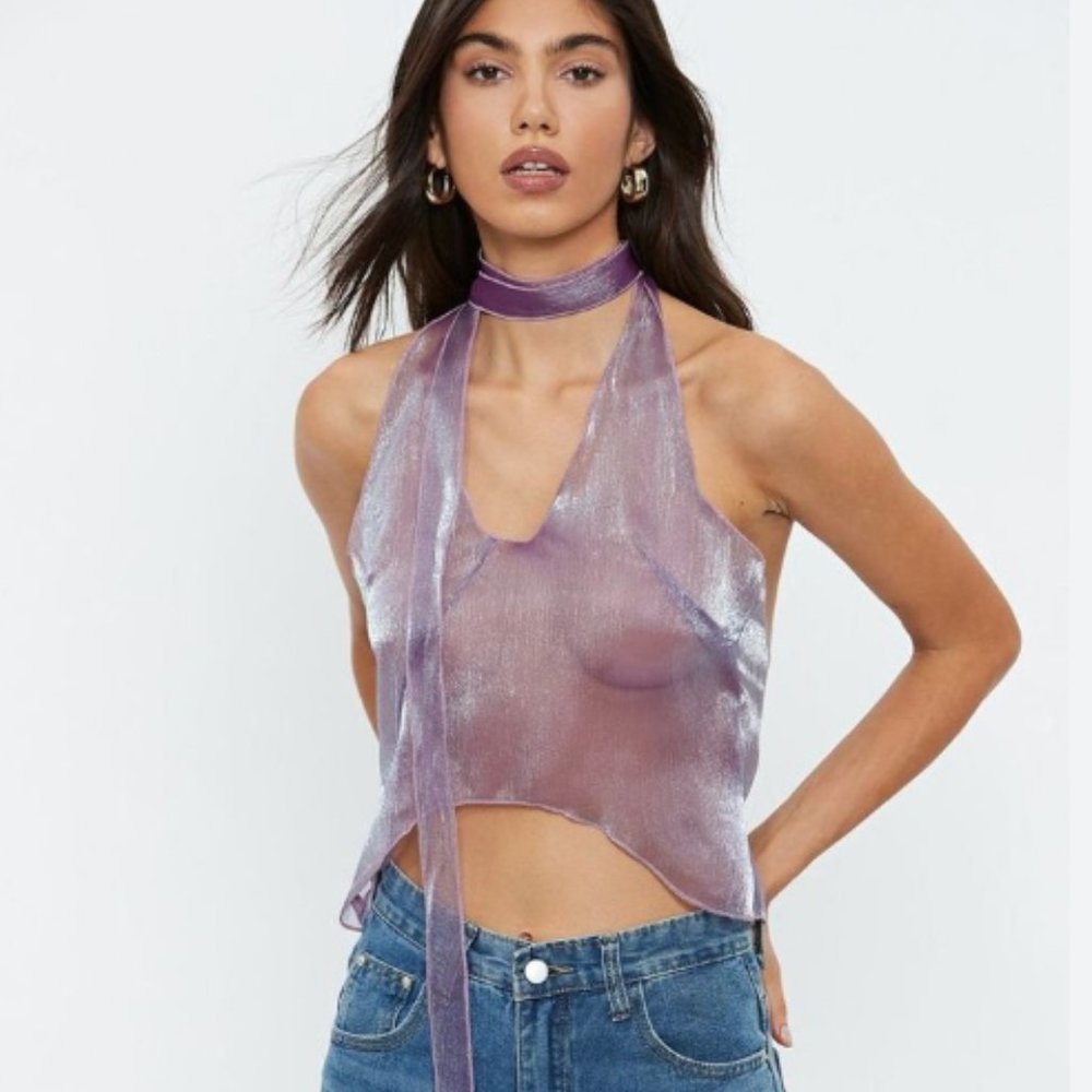 NWT Solado Halter Neck Asymmetrical Hem Mesh Crop